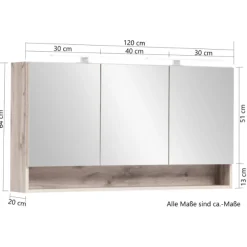 Spiegelschrank Karan 120cm 3 Türen mit Beleuchtung - Eiche