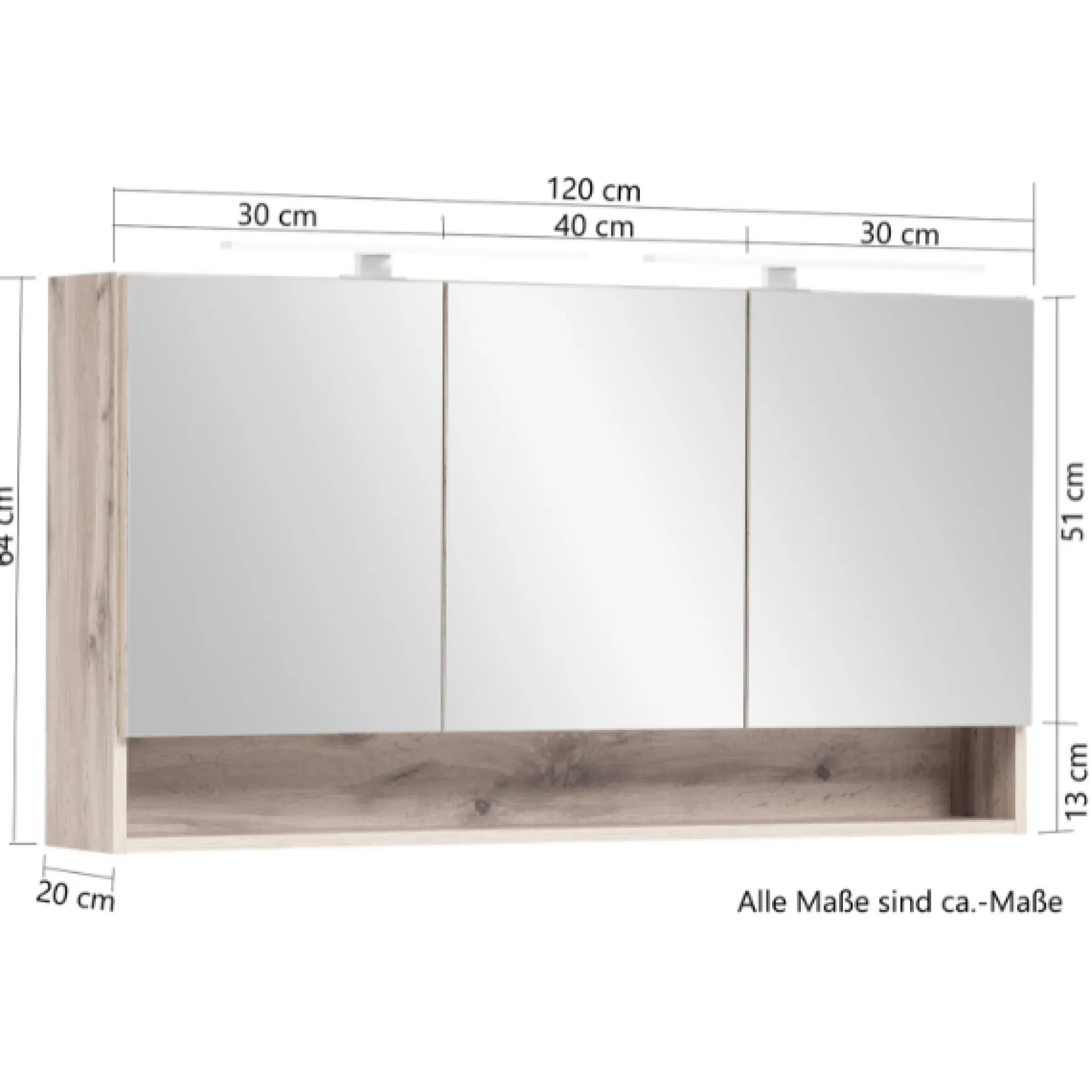 Spiegelschrank Karan 120cm 3 Türen mit Beleuchtung - Eiche