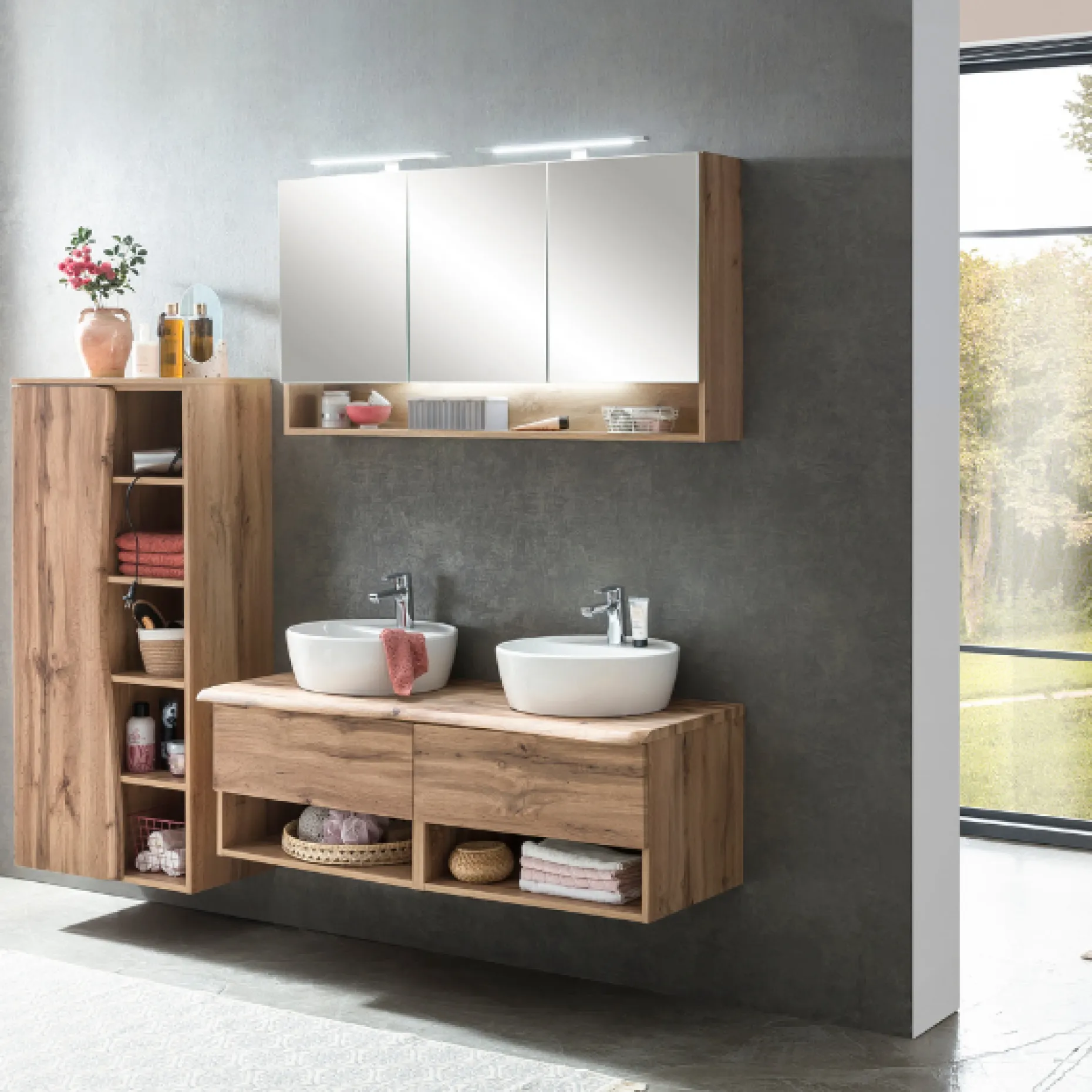 Spiegelschrank Karan 120cm 3 Türen mit Beleuchtung - Eiche