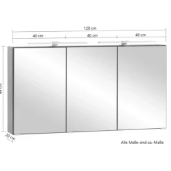 Spiegelschrank Vikas 120cm 3 Türen mit Beleuchtung - Eiche