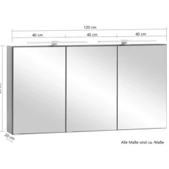 Spiegelschrank Vikas 120cm 3 Türen mit Beleuchtung - Eiche