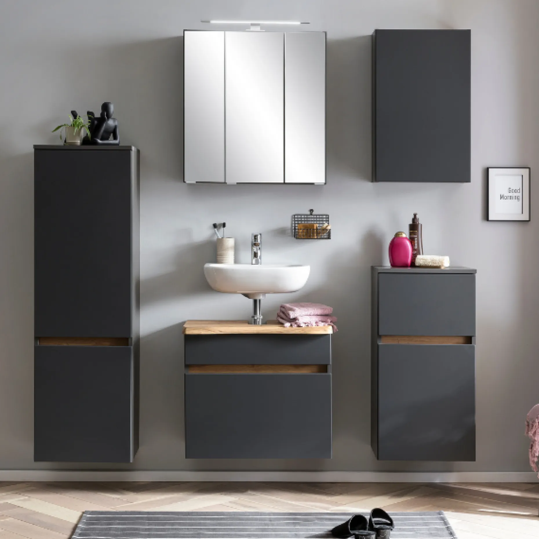 Spiegelschrank Vikas 60cm 3 Türen mit Beleuchtung - anthrazit