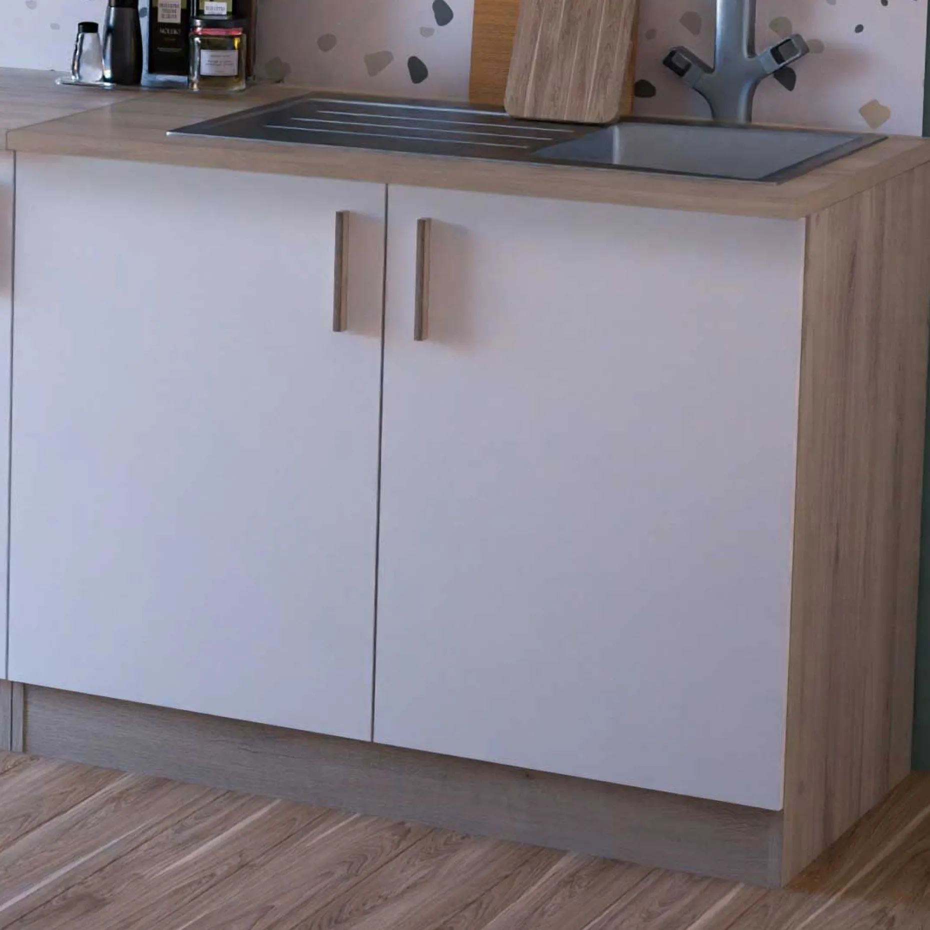 Spülenunterschrank Romanie 100 cm-2 Flügeltüren und 1 Einlegeboden-Kronberg Eiche/Mattweiß