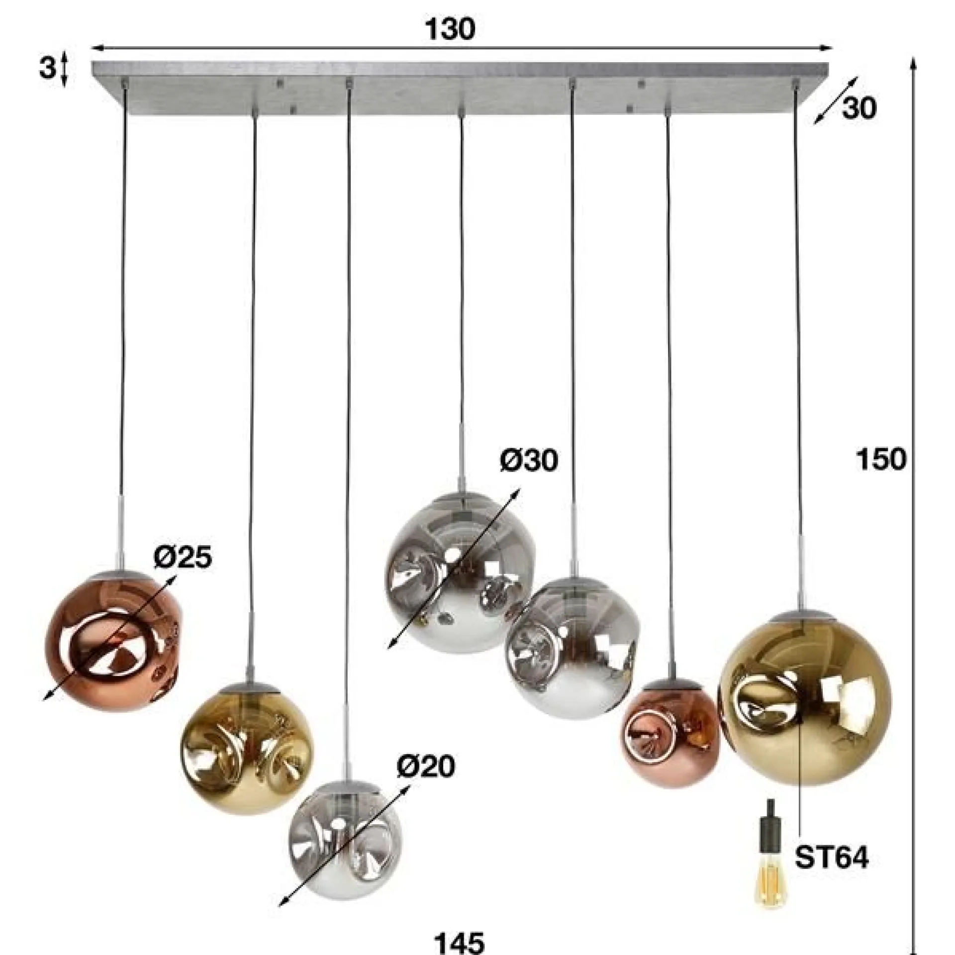 Emob Stallone Hängeleuchte 145 cm-Gold,Kupfer,Chrom Glas