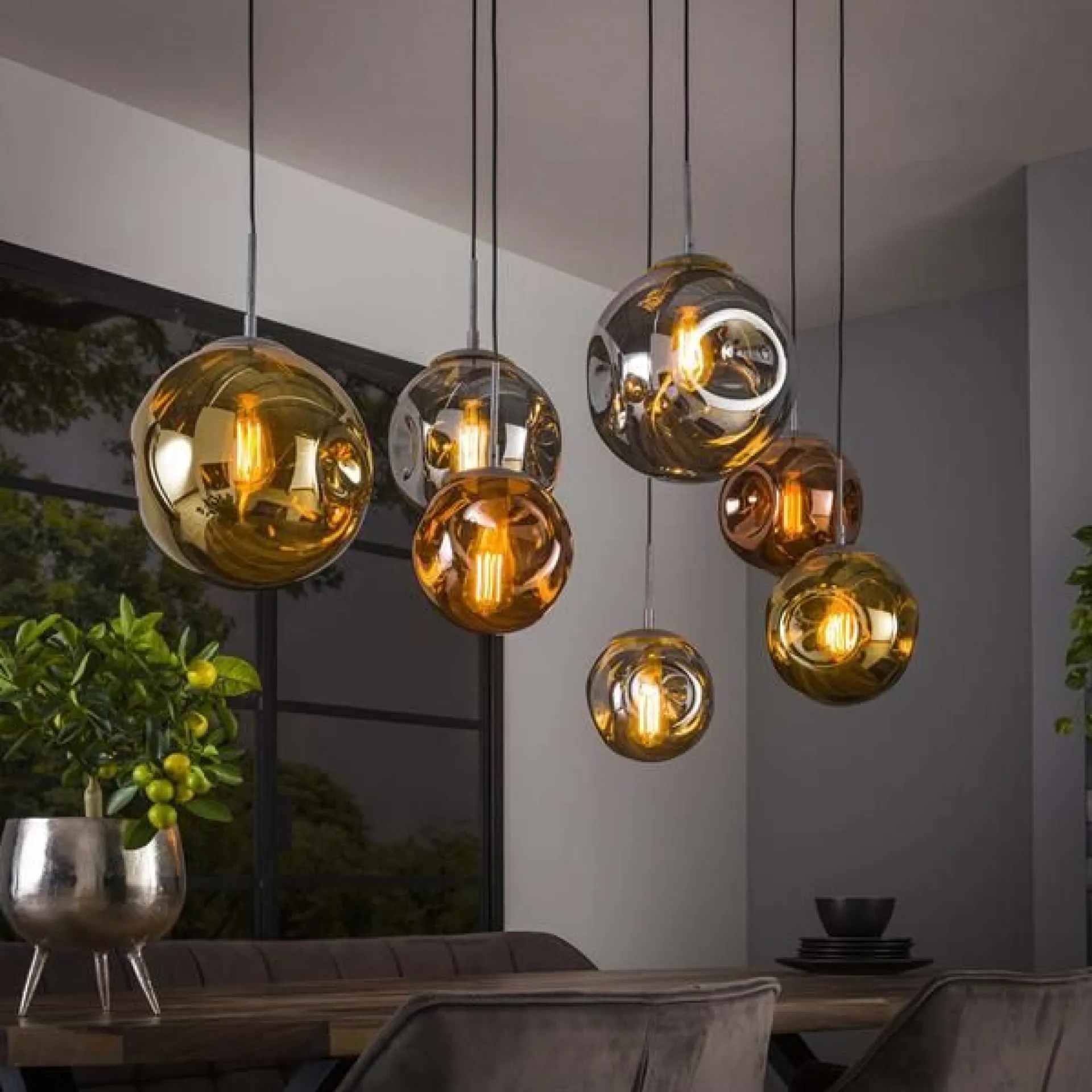 Emob Stallone Hängeleuchte 145 cm-Gold,Kupfer,Chrom Glas