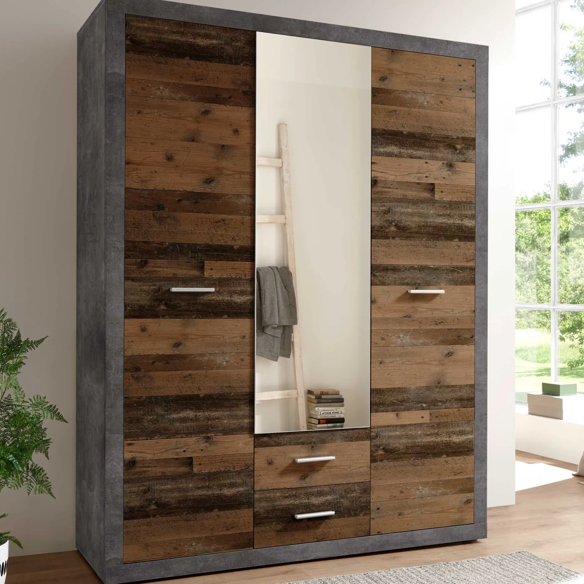 Storck 151cm Kleiderschrank mit 3 Türen und 2 Schubladen und Spiegel - alter Stil/Beton