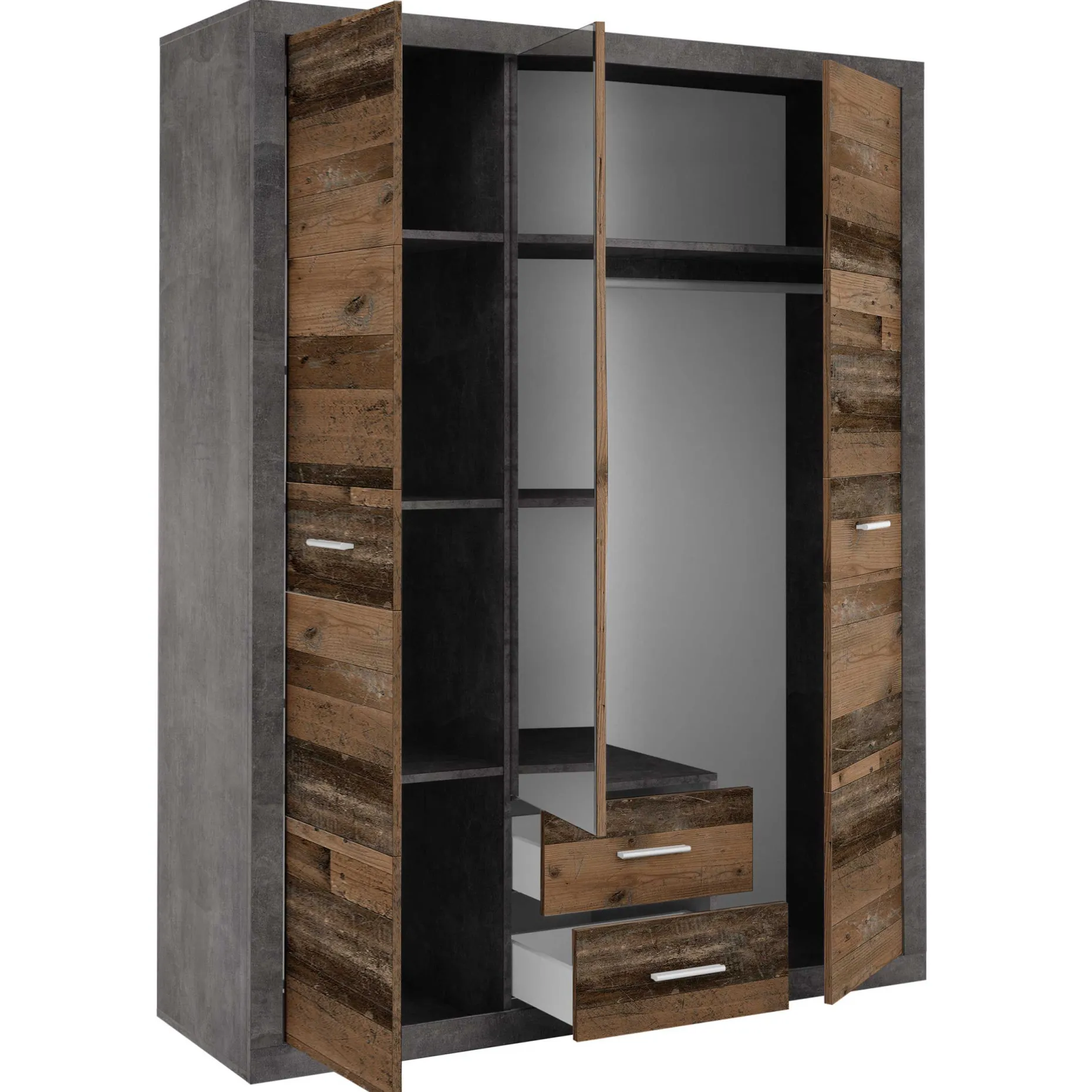 Storck 151cm Kleiderschrank mit 3 Türen und 2 Schubladen und Spiegel - alter Stil/Beton