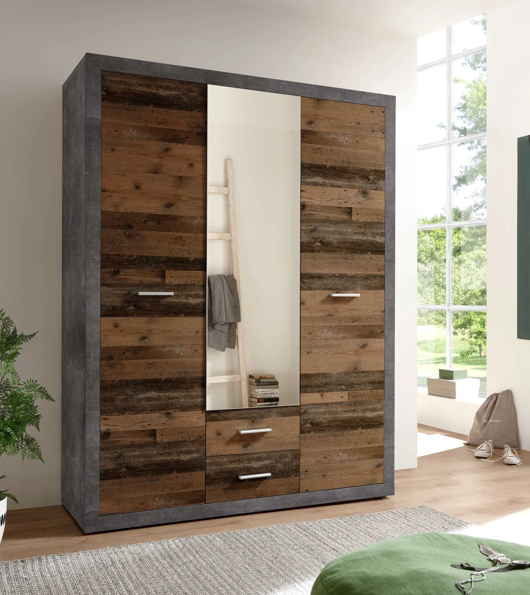 Storck 151cm Kleiderschrank mit 3 Türen und 2 Schubladen und Spiegel - alter Stil/Beton