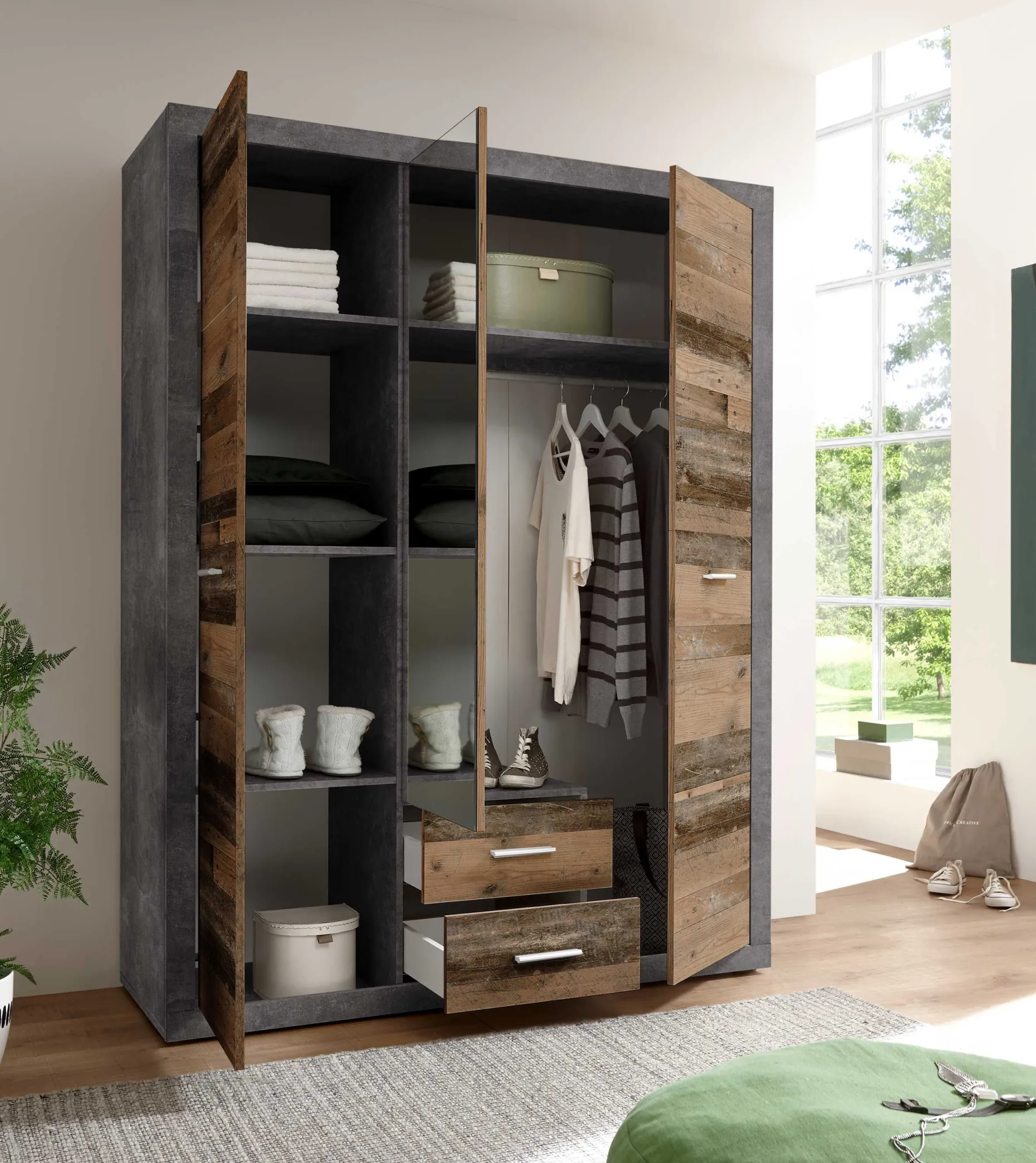 Storck 151cm Kleiderschrank mit 3 Türen und 2 Schubladen und Spiegel - alter Stil/Beton