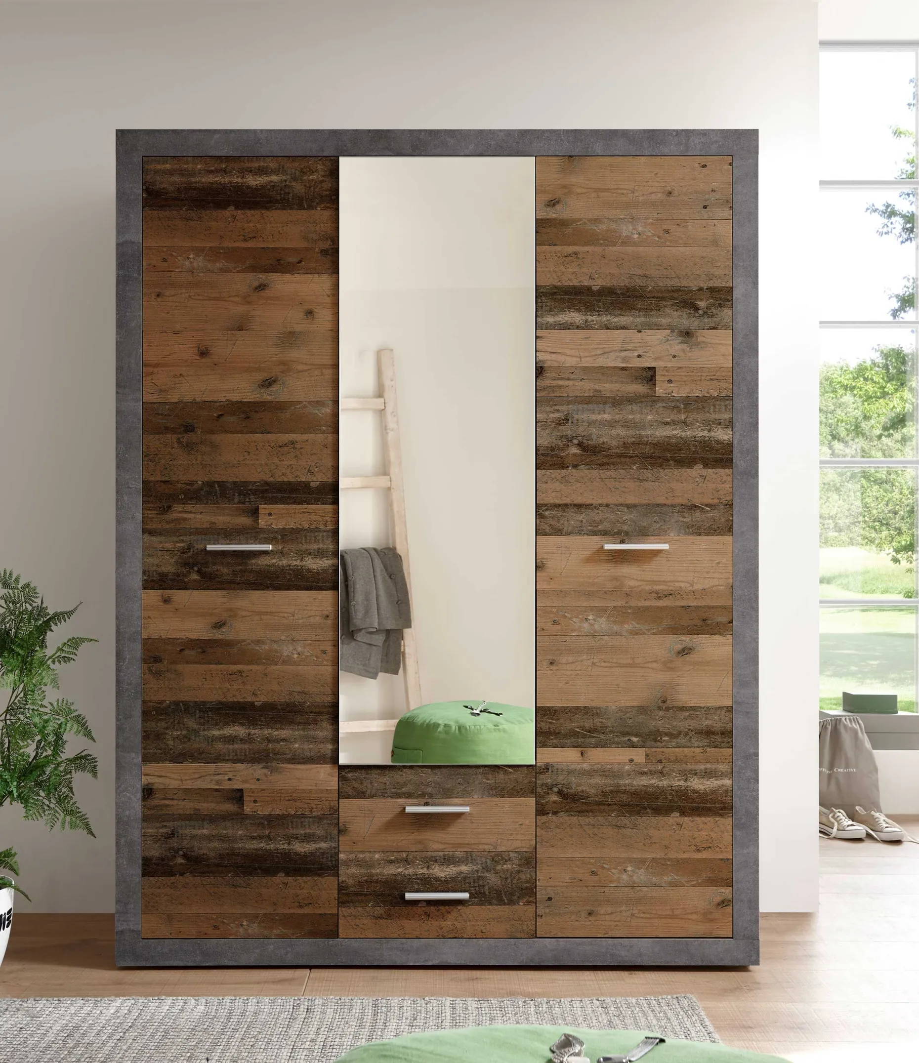 Storck 151cm Kleiderschrank mit 3 Türen und 2 Schubladen und Spiegel - alter Stil/Beton