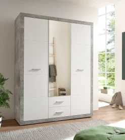 Storck Kleiderschrank 151cm mit 3 Türen und 2 Schubladen und Spiegel - Beton/Weiß
