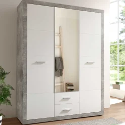 Storck Kleiderschrank 151cm mit 3 Türen und 2 Schubladen und Spiegel - Beton/Weiß
