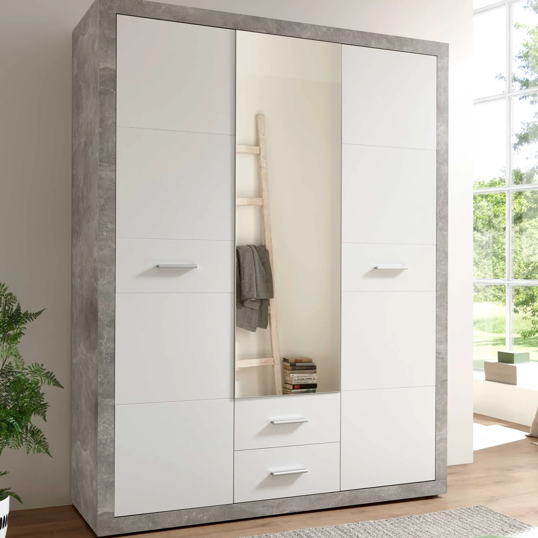 Storck Kleiderschrank 151cm mit 3 Türen und 2 Schubladen und Spiegel - Beton/Weiß