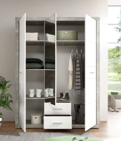 Storck Kleiderschrank 151cm mit 3 Türen und 2 Schubladen und Spiegel - Beton/Weiß