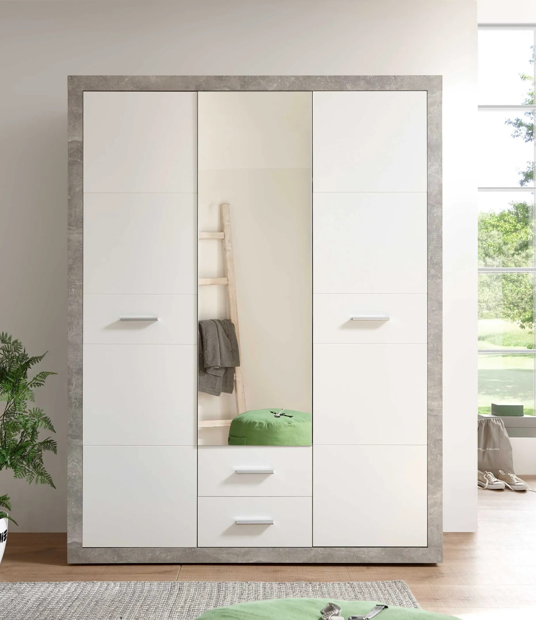 Storck Kleiderschrank 151cm mit 3 Türen und 2 Schubladen und Spiegel - Beton/Weiß