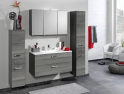 Säulenschrank Bobbi hoch 30cm 2 Türen und 1 Schublade - graphit/graue Eiche
