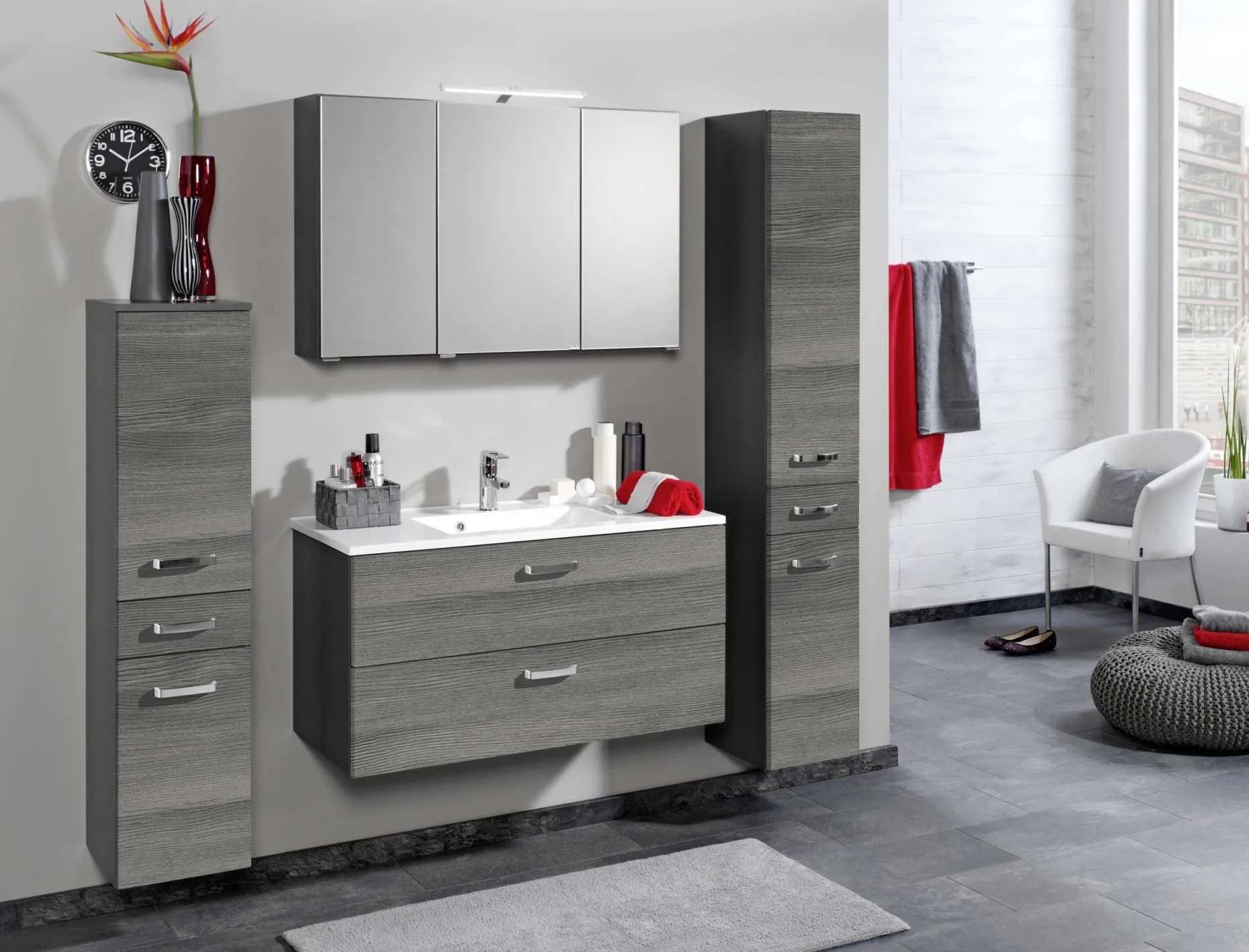 Säulenschrank Bobbi hoch 30cm 2 Türen und 1 Schublade - graphit/graue Eiche