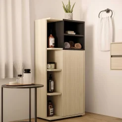 Säulenschrank Kuba 5 Fachböden, 1 Drehtür - Eiche hell/schwarz