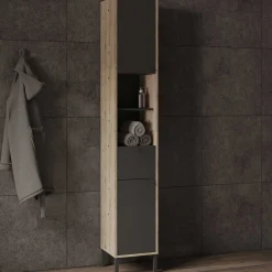 Säulenschrank Lagon - 39x33x201cm - 2 Türen und 1 Schublade - Schwarz/Eiche Dekor