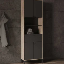 Säulenschrank Lagon - 69x33x201cm - 4 Türen und 1 Schublade - Schwarz/Eiche Dekor