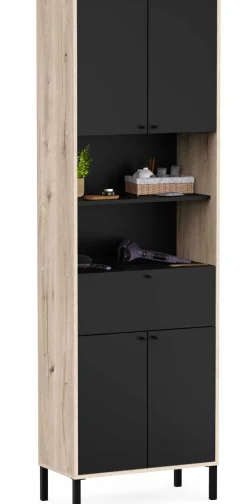 Säulenschrank Lagon - 69x33x201cm - 4 Türen und 1 Schublade - Schwarz/Eiche Dekor