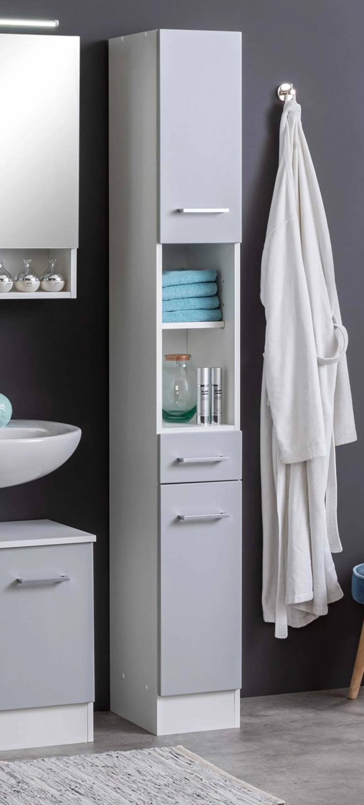 Säulenschrank Ricca 25cm 2 Türen und 1 Schublade - weiß/hellgrau
