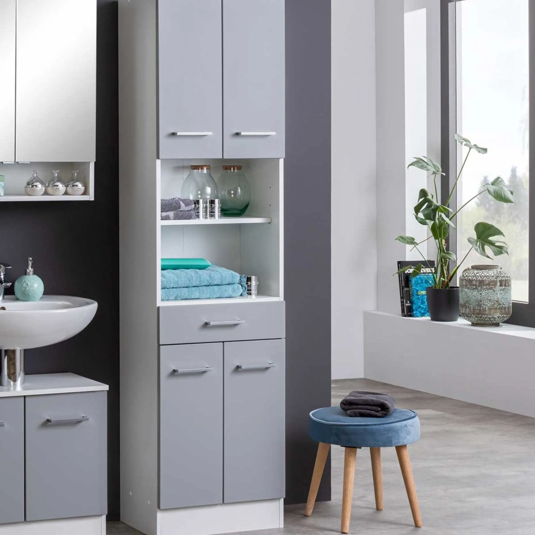 Säulenschrank Ricca 50cm 4 Türen und 1 Schublade - weiß/hellgrau