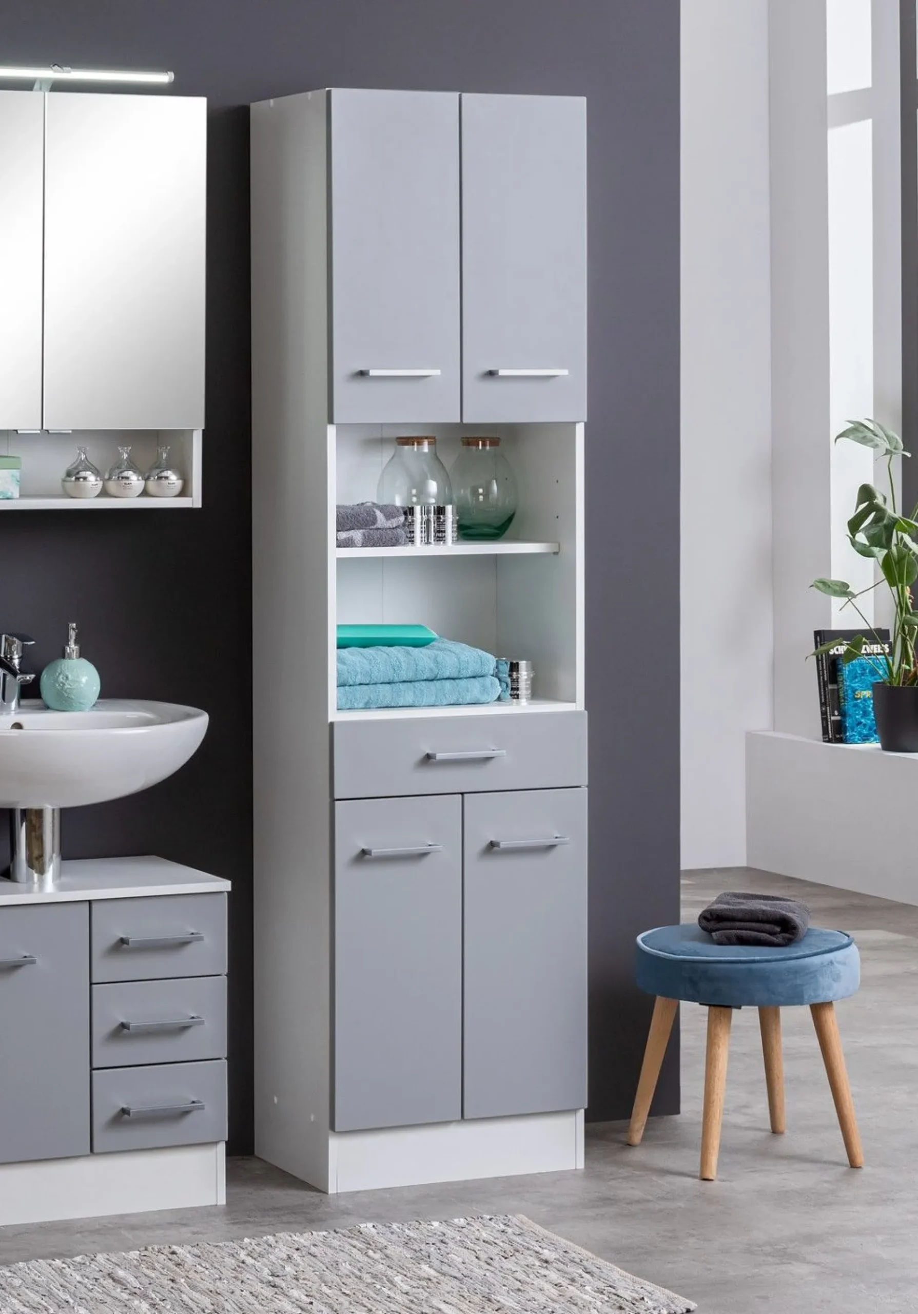 Säulenschrank Ricca 50cm 4 Türen und 1 Schublade - weiß/hellgrau