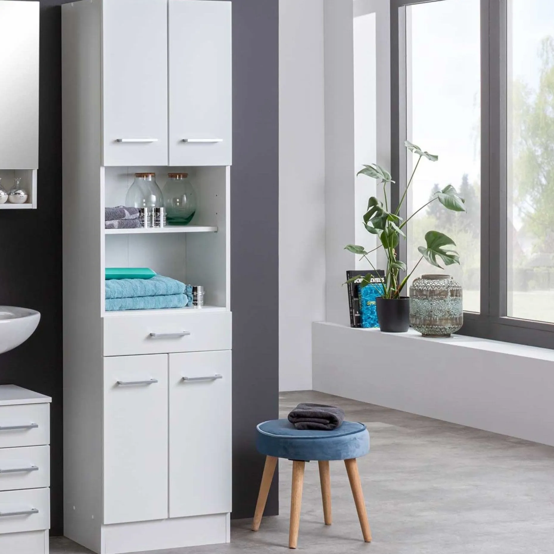 Säulenschrank Ricca 50cm 4 Türen und 1 Schublade - weiß