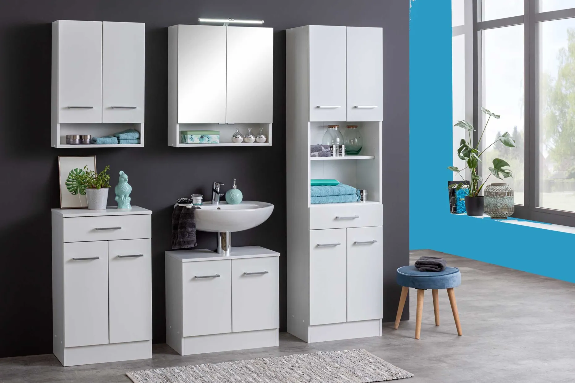 Säulenschrank Ricca 50cm 4 Türen und 1 Schublade - weiß