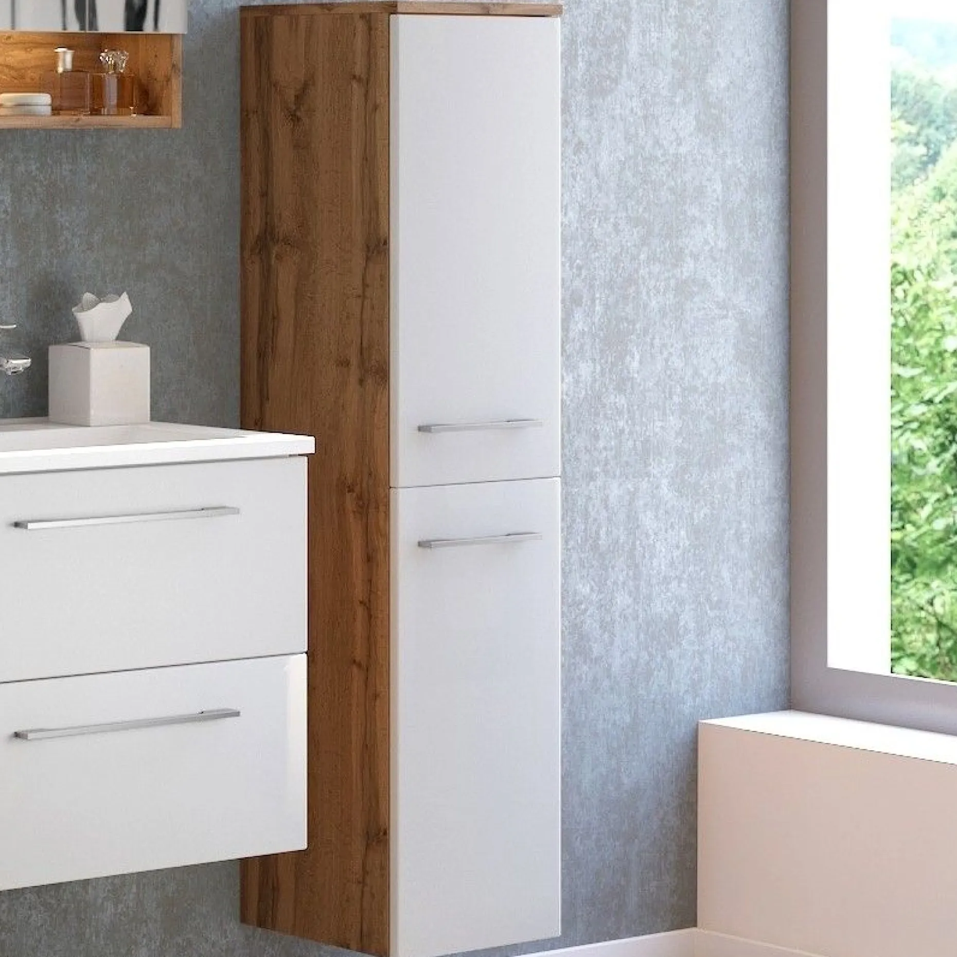 Säulenschrank Sefa 30cm 2 Türen - Eiche/Weiß