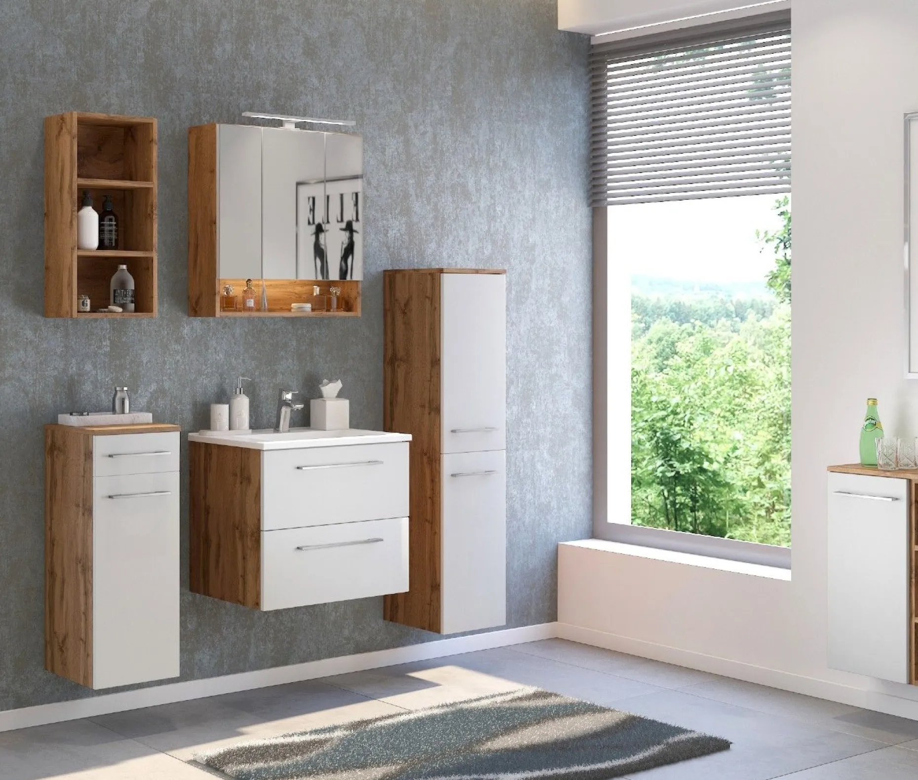 Säulenschrank Sefa 30cm 2 Türen - Eiche/Weiß