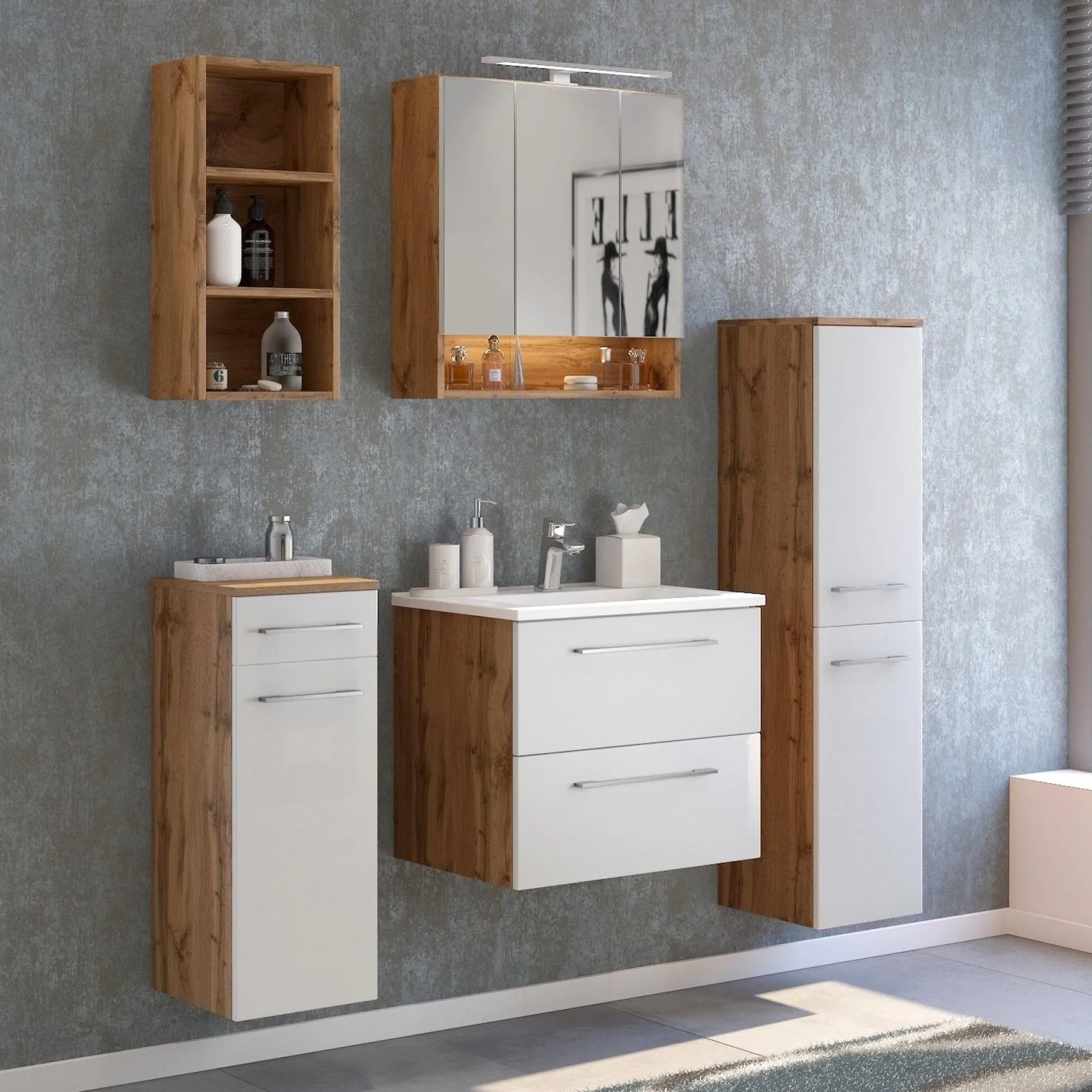 Säulenschrank Sefa 30cm 2 Türen - Eiche/Weiß