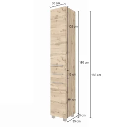 Säulenschrank Sefa 30cm 2 Türen und 1 Schublade - Eiche/Weiß