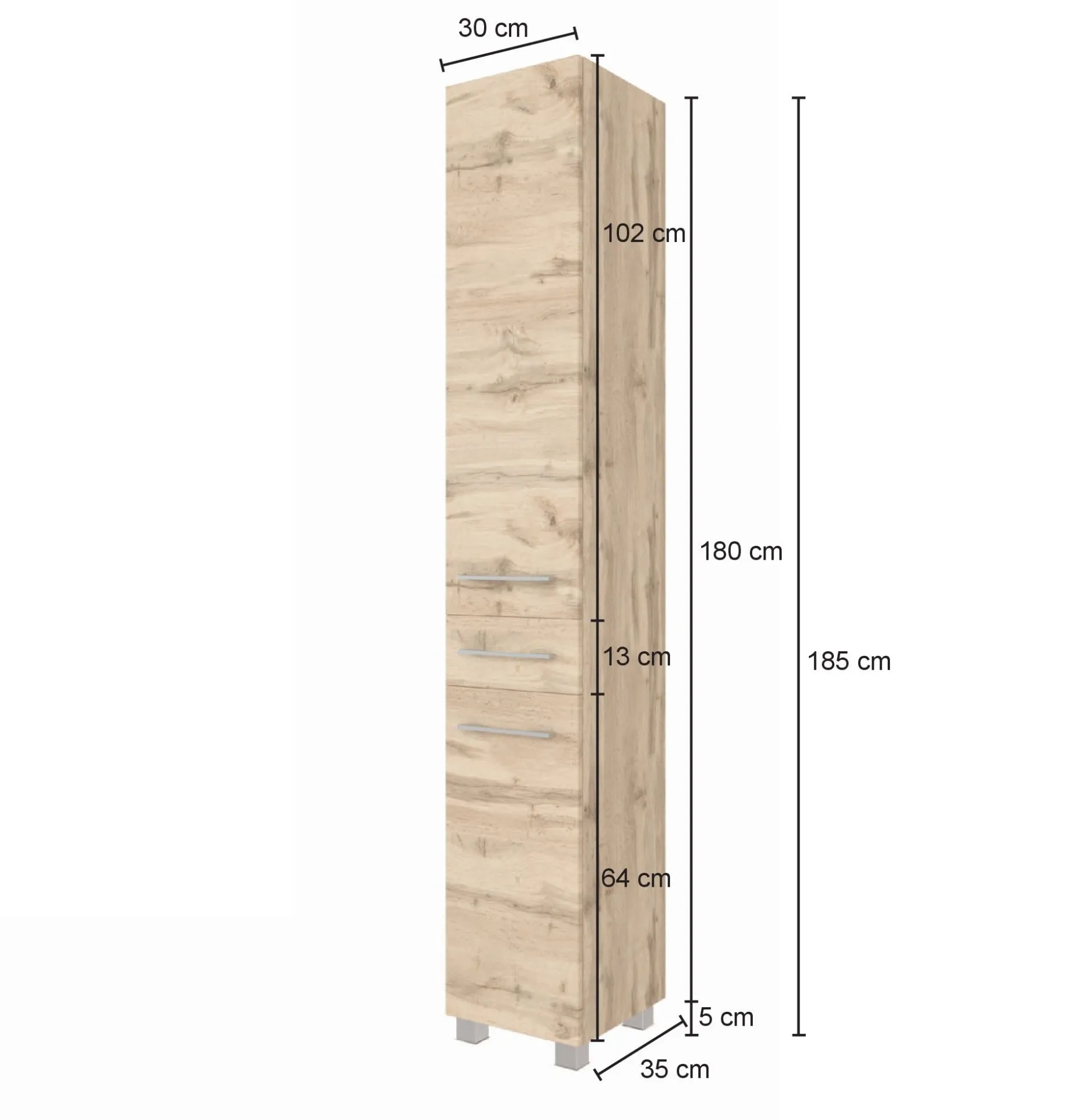 Säulenschrank Sefa 30cm 2 Türen und 1 Schublade - Eiche/Weiß