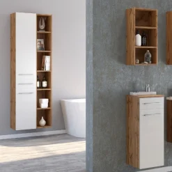 Säulenschrank Sefa 30cm 2 Türen und 1 Schublade - Eiche/Weiß
