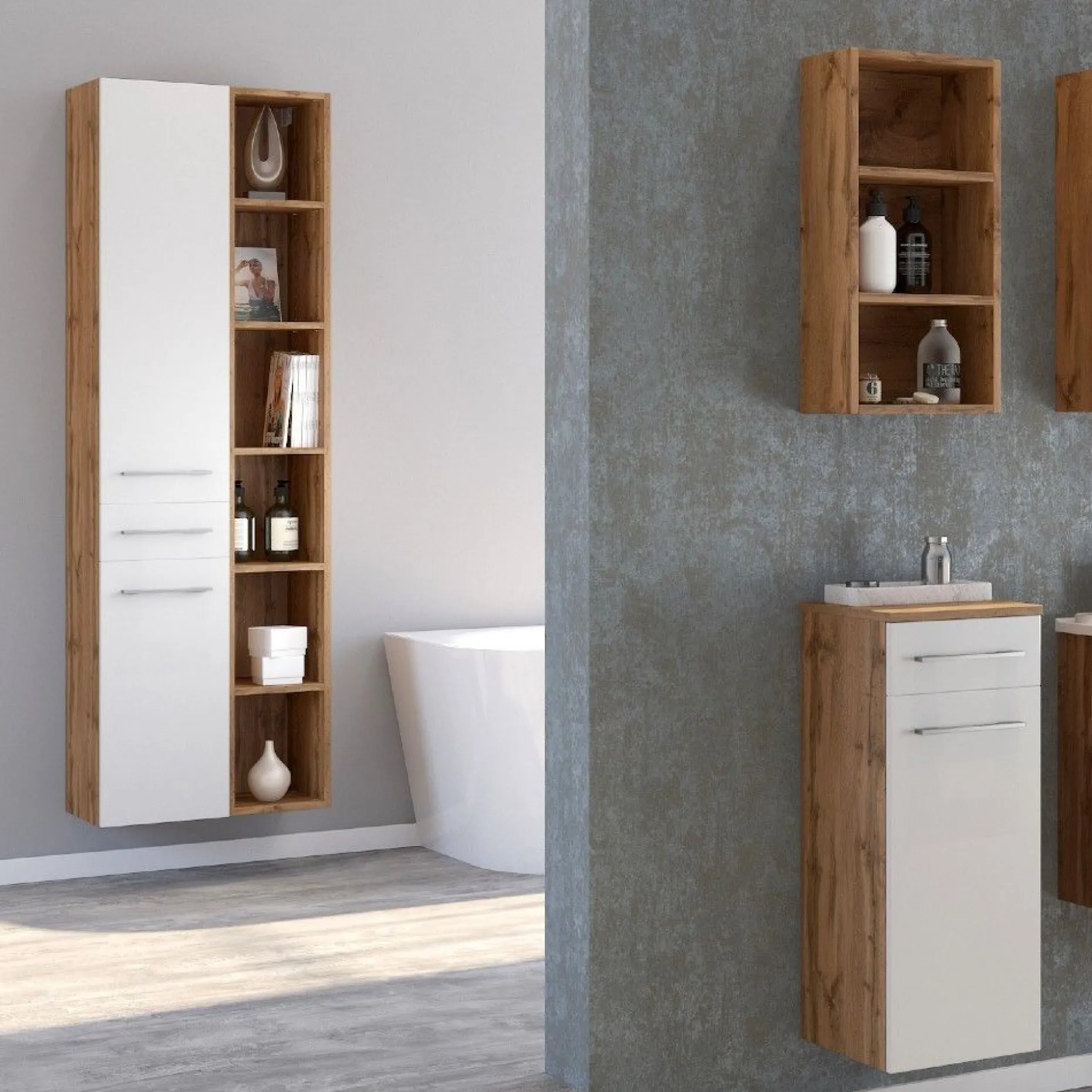 Säulenschrank Sefa 30cm 2 Türen und 1 Schublade - Eiche/Weiß