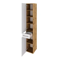 Säulenschrank Sefa 30cm 2 Türen und 1 Schublade - Eiche/Weiß