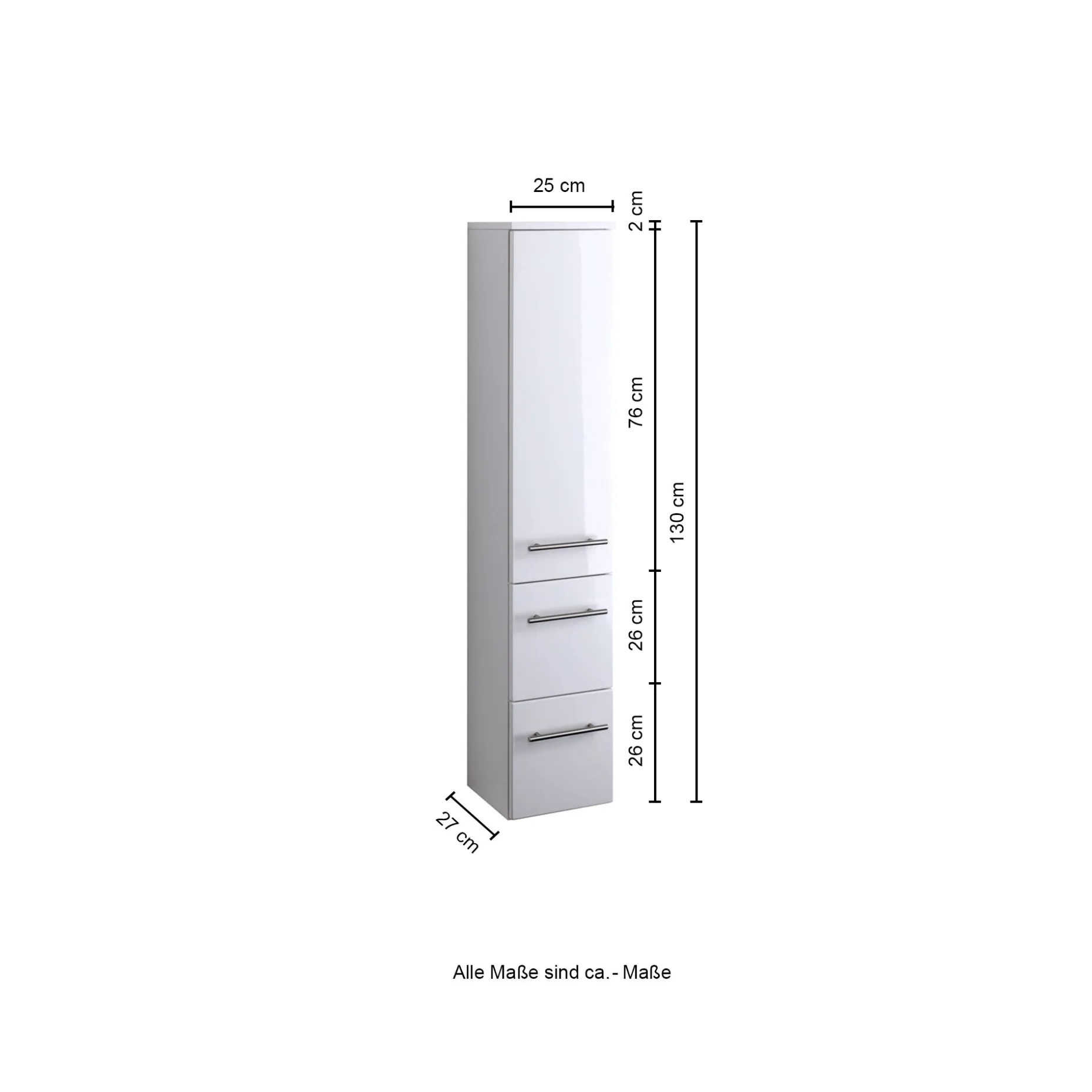 Säulenschrank Small 25cm 1 Tür und 2 Schubladen - hochglänzend weiß
