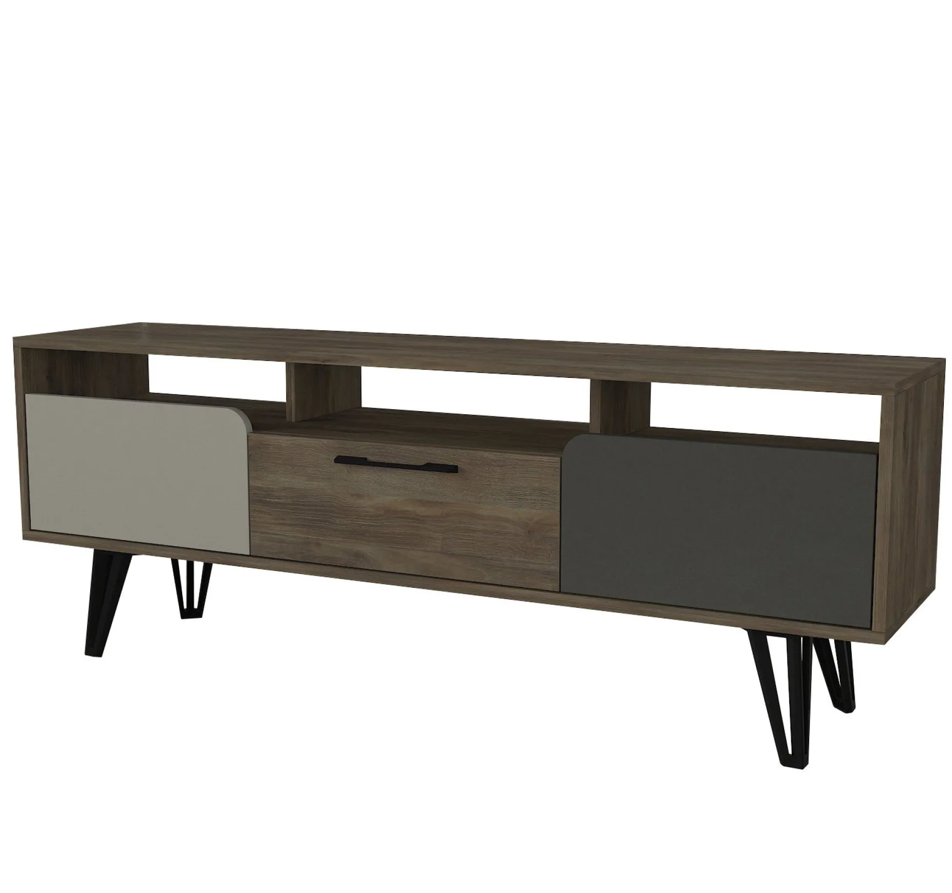 Tera Home TV Stand | 100% Melamin beschichtet | 18mm Dicke | Metallbeine | 150cm Breite, 55cm Höhe | Grau Anthrazit Walnuss