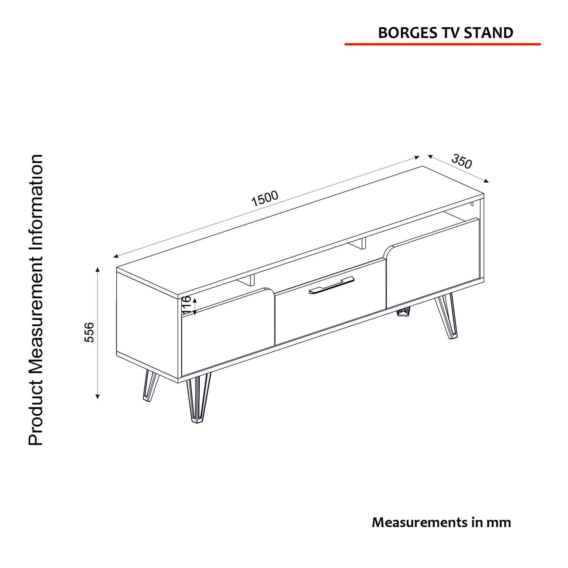 Tera Home TV Stand | 100% Melamin beschichtet | 18mm Dicke | Metallbeine | 150cm Breite, 55cm Höhe | Grau Anthrazit Walnuss