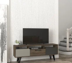 Tera Home TV Stand | 100% Melamin beschichtet | 18mm Dicke | Metallbeine | 150cm Breite, 55cm Höhe | Grau Anthrazit Walnuss