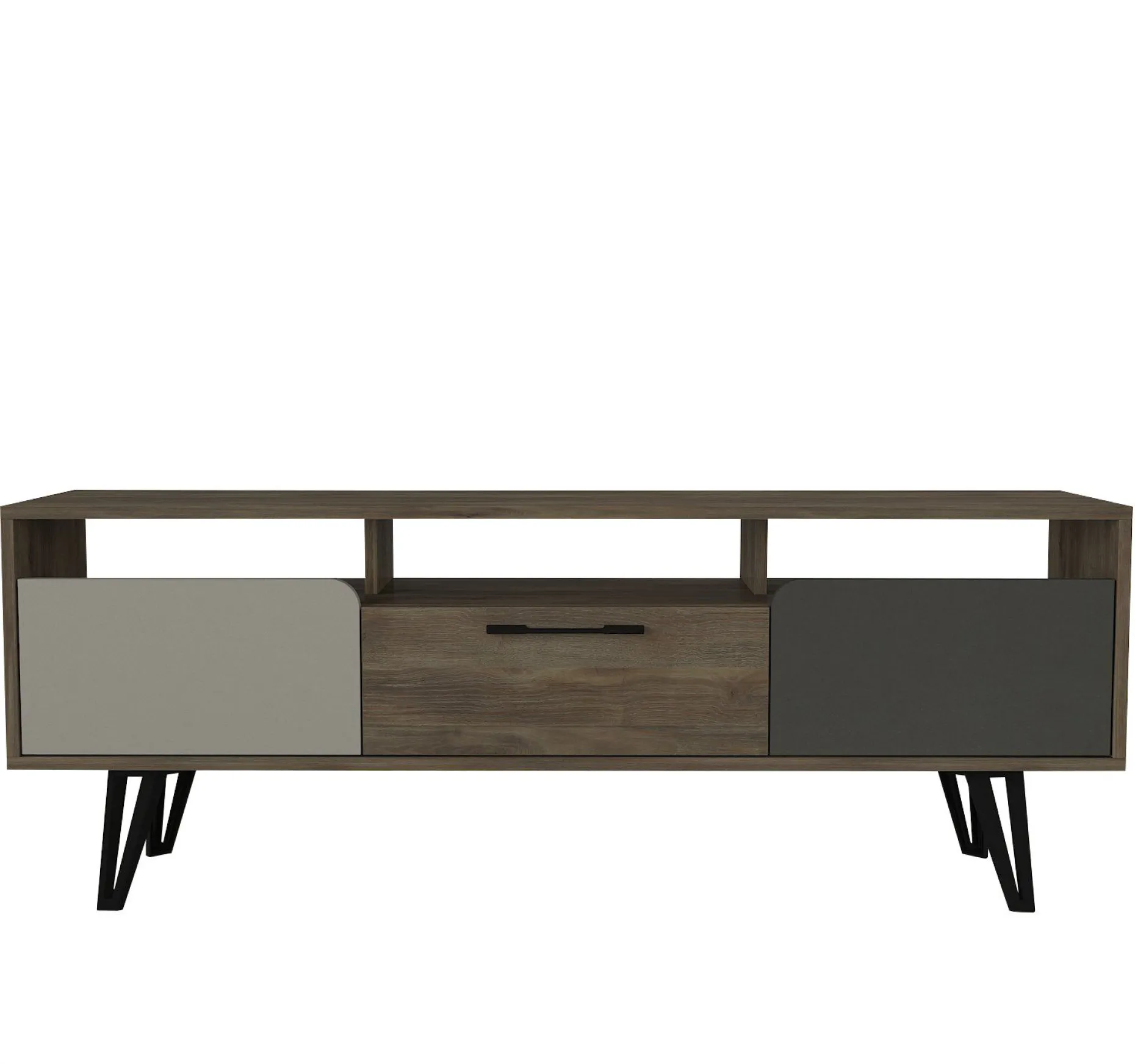 Tera Home TV Stand | 100% Melamin beschichtet | 18mm Dicke | Metallbeine | 150cm Breite, 55cm Höhe | Grau Anthrazit Walnuss