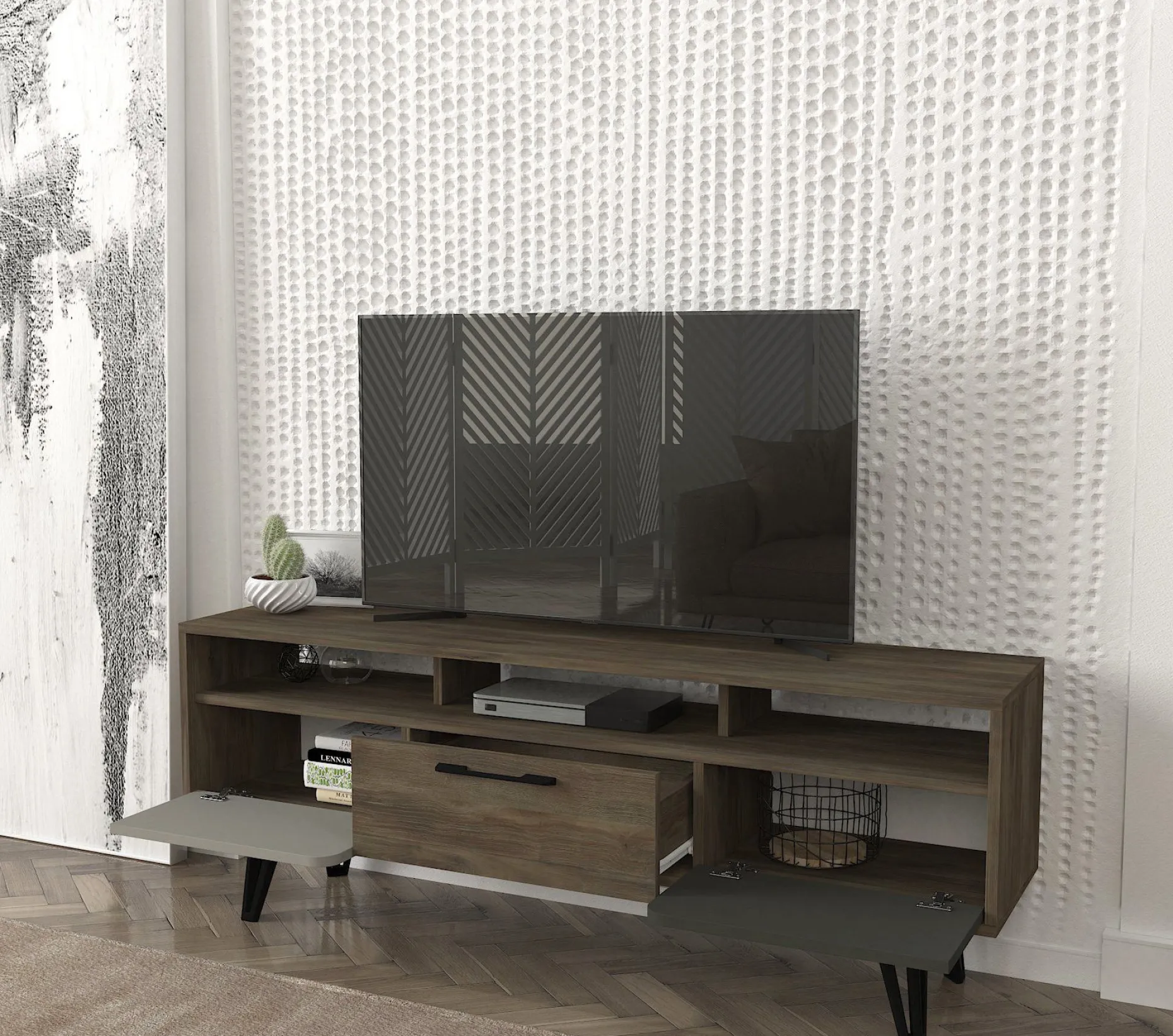 Tera Home TV Stand | 100% Melamin beschichtet | 18mm Dicke | Metallbeine | 150cm Breite, 55cm Höhe | Grau Anthrazit Walnuss