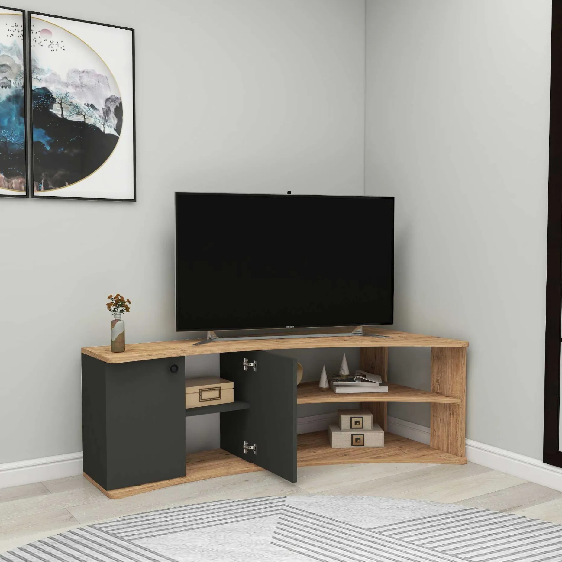 Termera TV-Ständer | 100 % MELAMIN | Atlantische Kiefer, Anthrazit