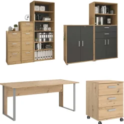 Parisot The OfficeBüro-Set : Schreibtisch 150cm, Schubladenschrank, Bücherregale, Aktenschränke - Eiche Dekor