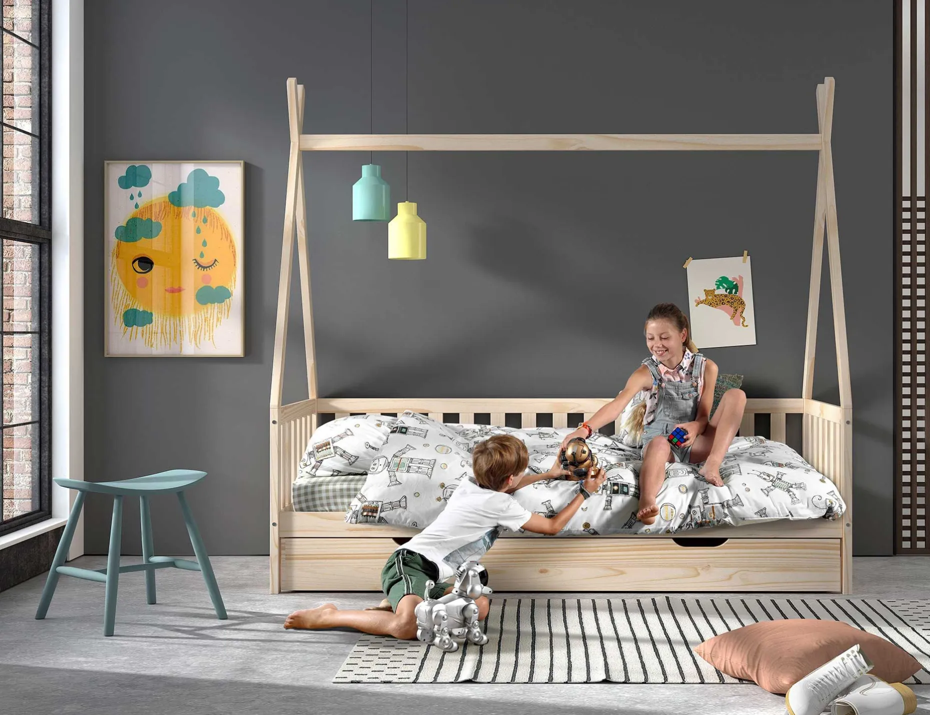 TipiBett mit Reling 90x200cm - mit Lattenrost und Bettkasten - Kiefer massiv