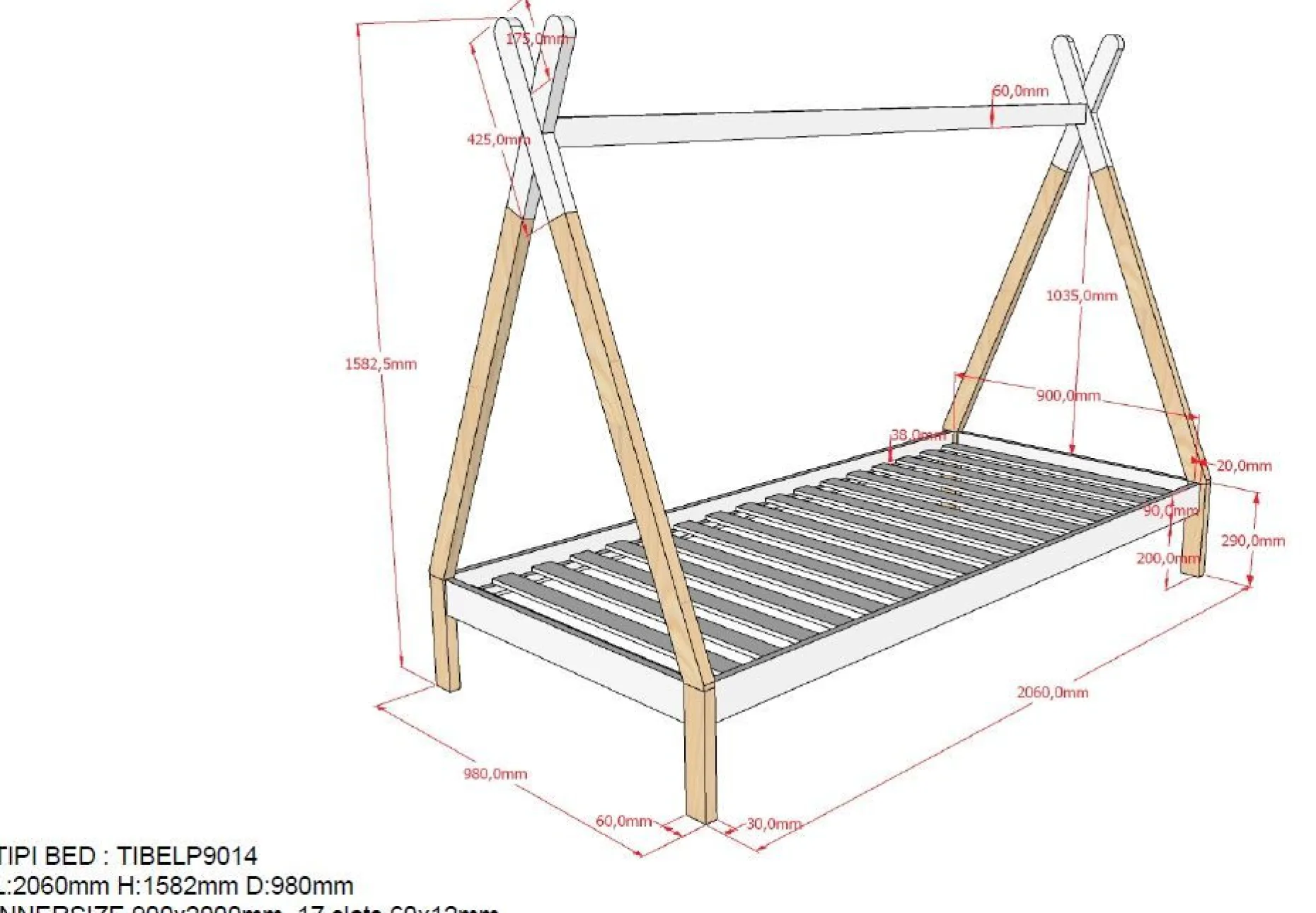 Tipi-Bett 90 x 200cm hoch Massivholz - weiß/Kieferholz