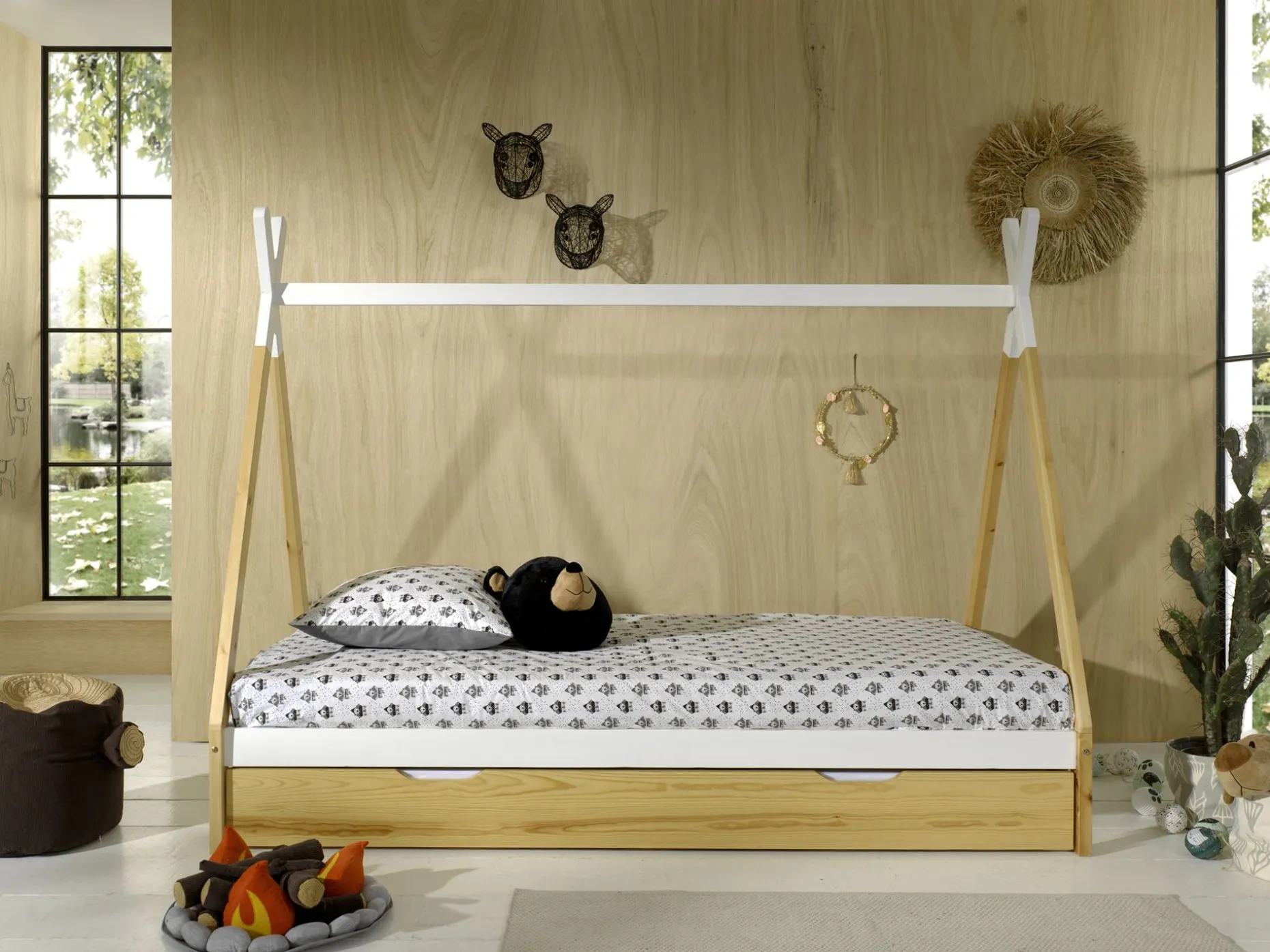 Tipi-Bett 90 x 200cm mit Bettkasten - Kieferholz