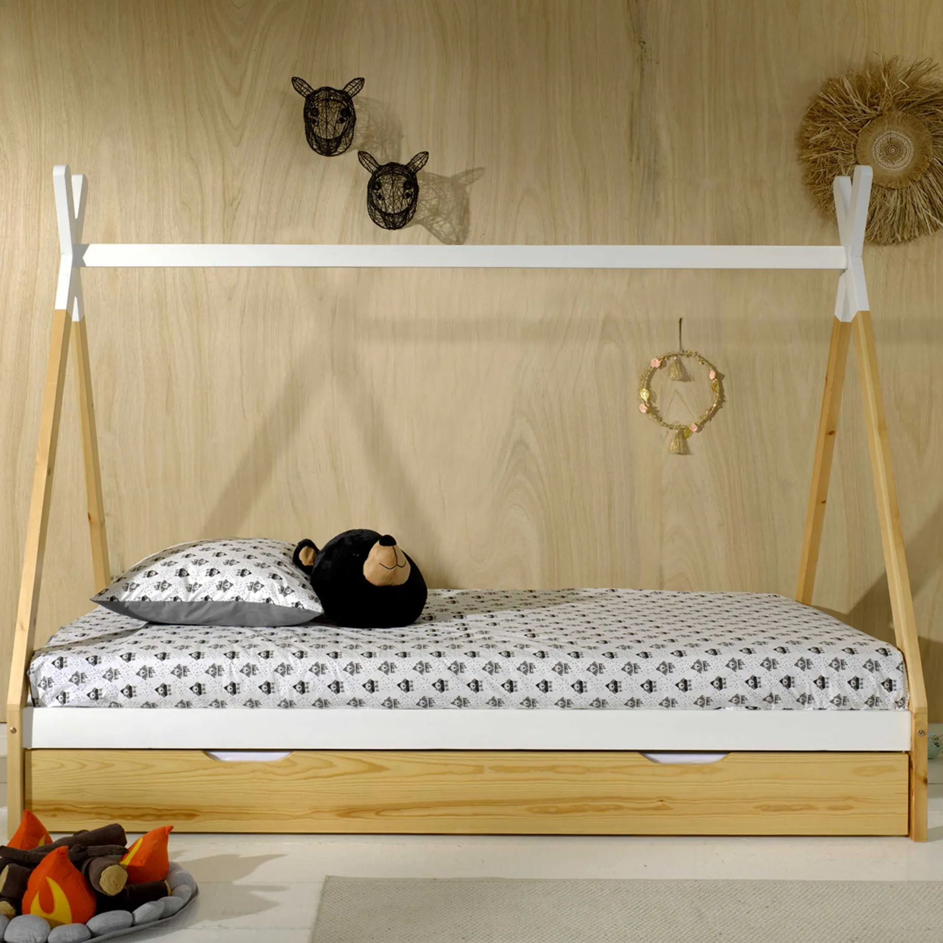 Tipi-Bett 90 x 200cm mit Bettkasten - Kieferholz